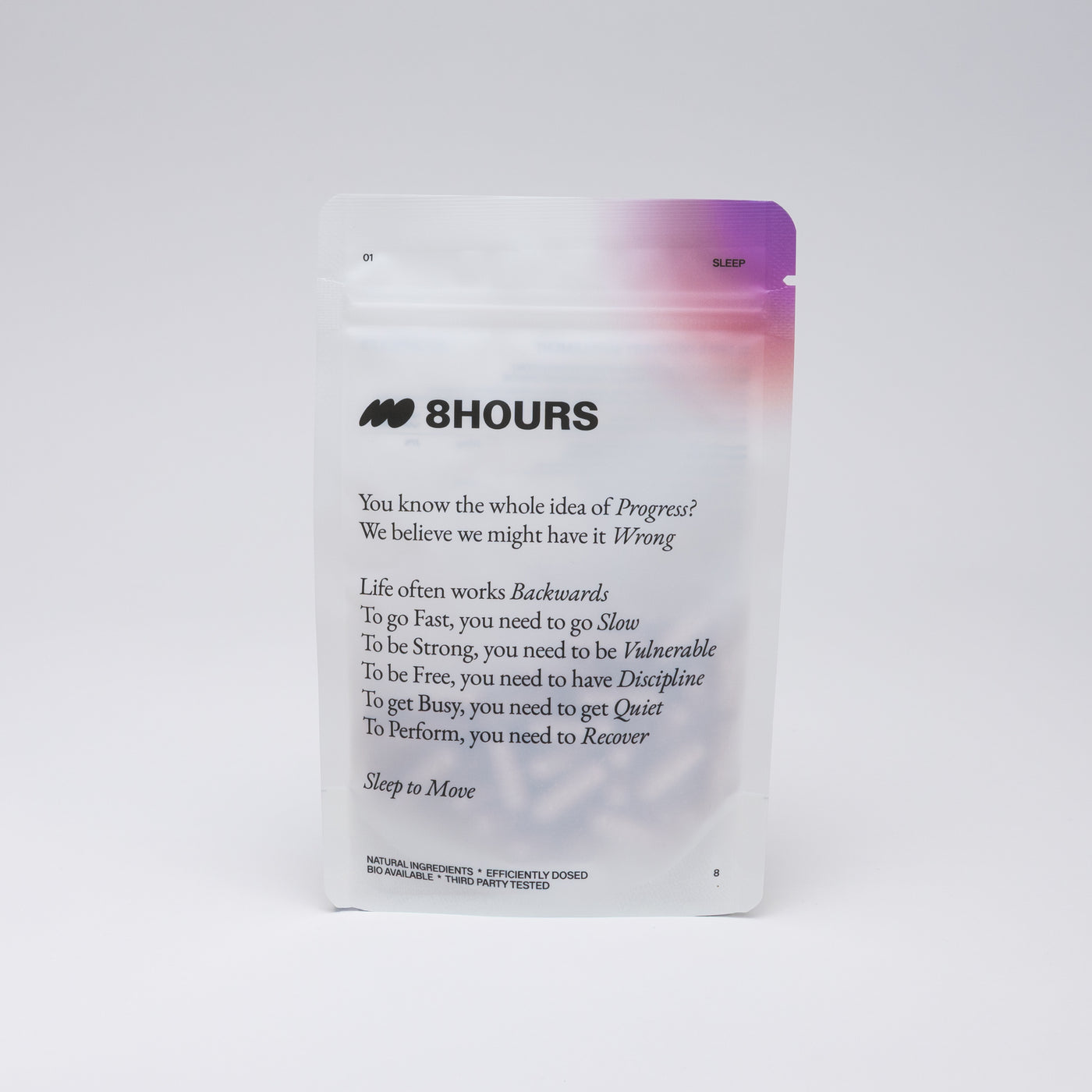 A white stand-up pouch with a purple gradient top corner, featuring the text '8HOURS' and a motivational quote printed on the front, photographed against a light gray background.