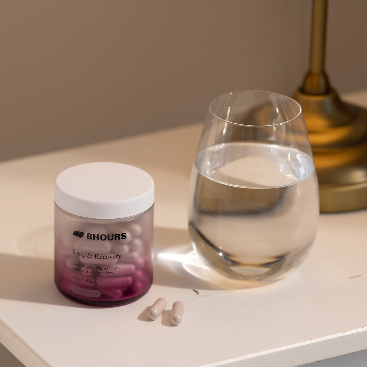 8hours Bedside Sleep Jar on bedside table – the perfect companion for your sleep supplement and nightly ritual