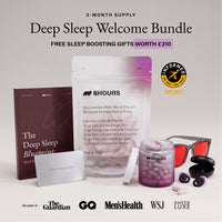 Deep Sleep Welcome Bundle promotional graphic showing a sleep guide book, a white and purple 8Hours sleep pouch, a clear jar of pink sleep capsules, a sleep consultation card, a pair of black sunglasses, earbuds, and a purple sleep mask on a light beige background with promotional text and brand logos.