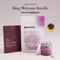 Sleep Welcome Bundle set on a light beige background, featuring a dark burgundy book titled 'The Deep Sleep Blueprint', a white stand-up pouch labeled 'BHOURS Sleep Welcome Bundle', a clear jar filled with pink capsules, and promotional text above reading '1-MONTH SUPPLY Sleep 