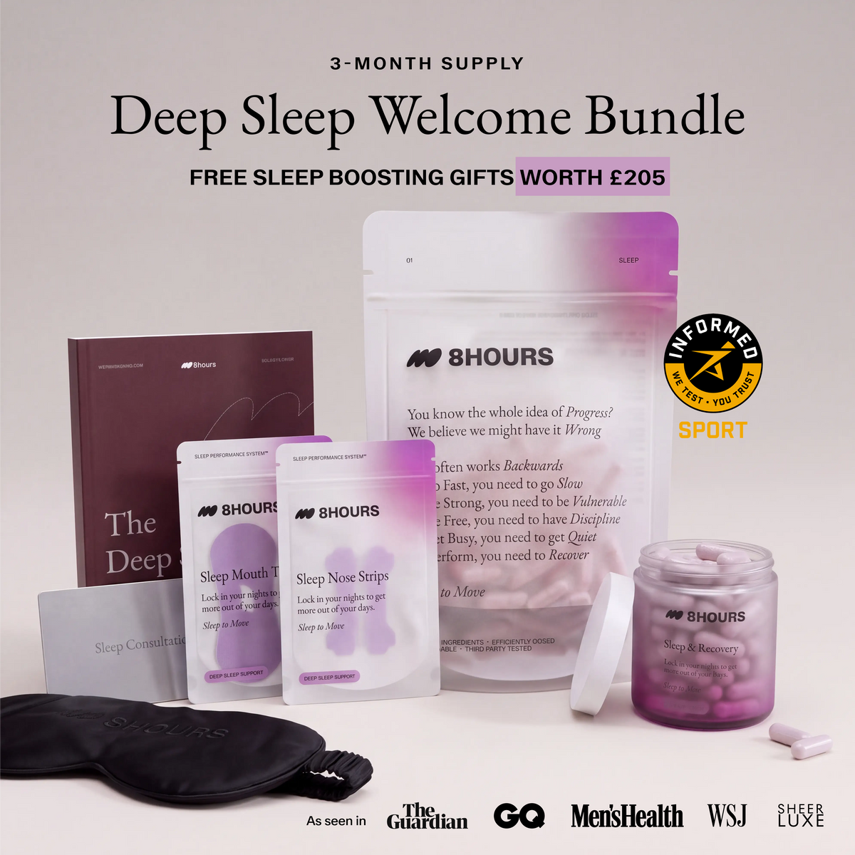 A sleep wellness bundle set against a light beige background, featuring BHOUBS branded products including a large white pouch, sleep nose strips, a sleep mask, a supplement jar, and a booklet, with promotional text above.