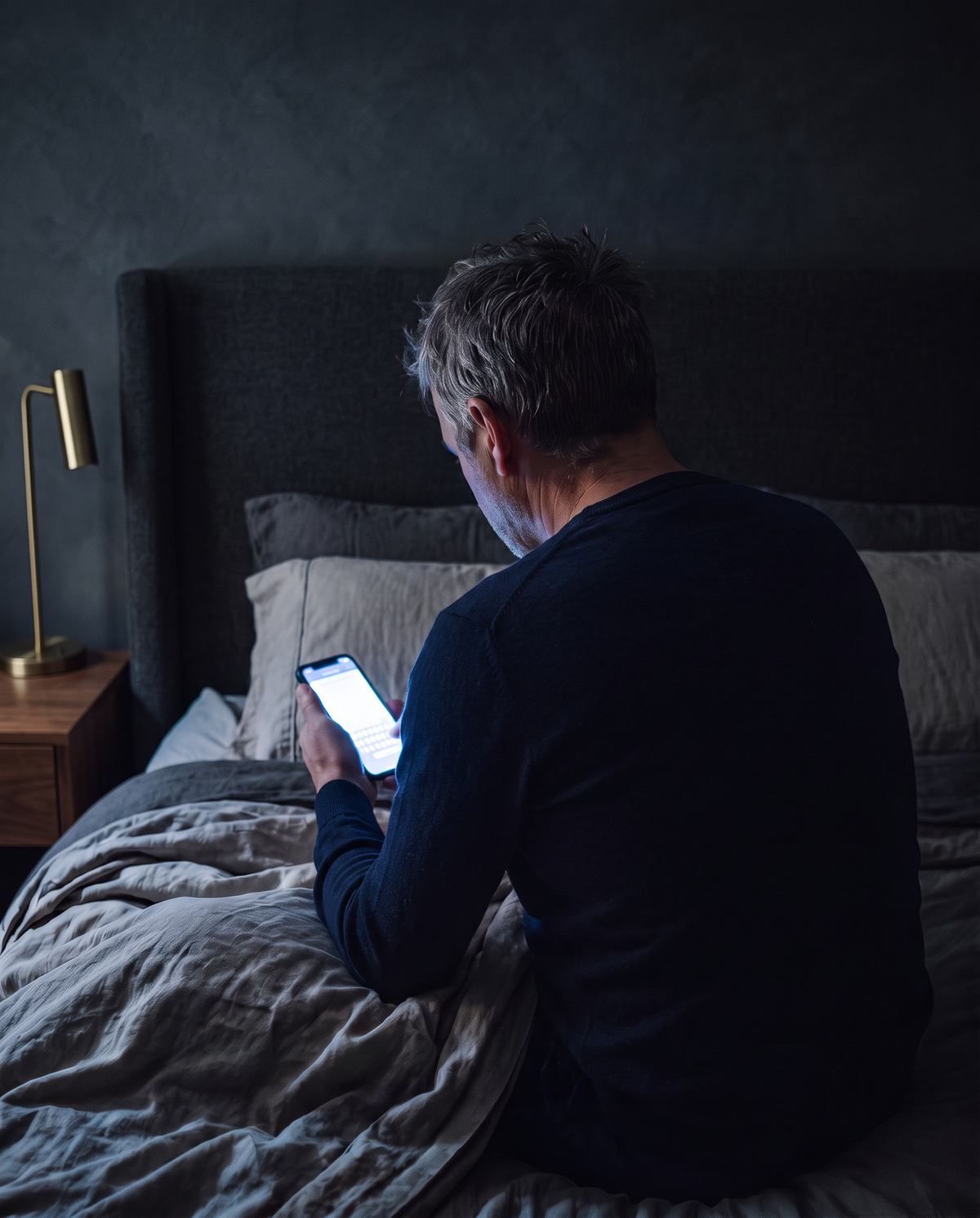 Lights off at 11pm, a man sits up in bed lit only by his phone