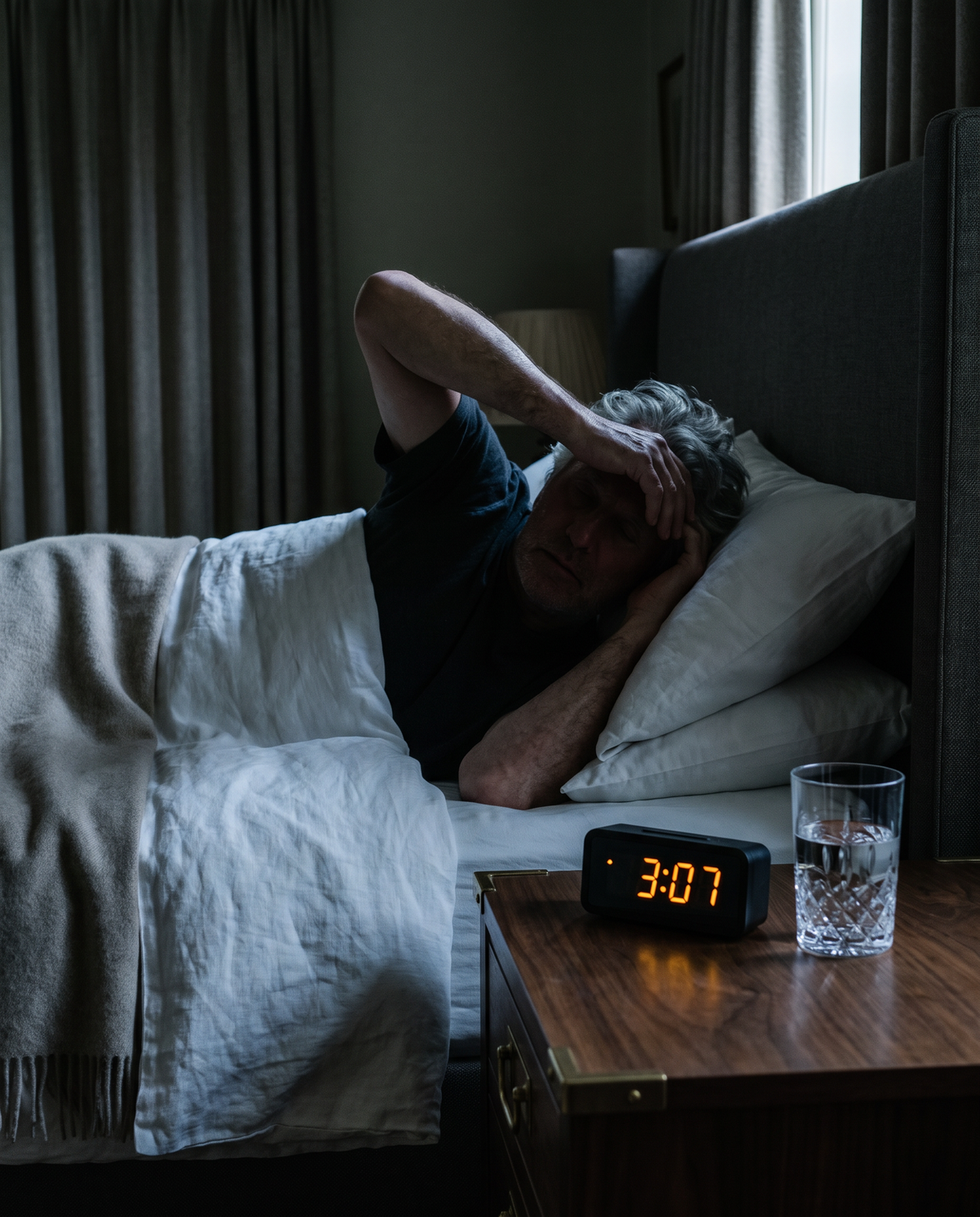3:07 on a bedside clock while a man lies awake in the dark