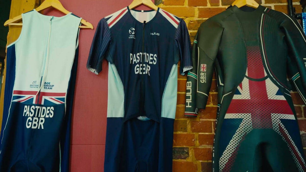 Pete's Great Britain triathlon kit hanging on the wall
