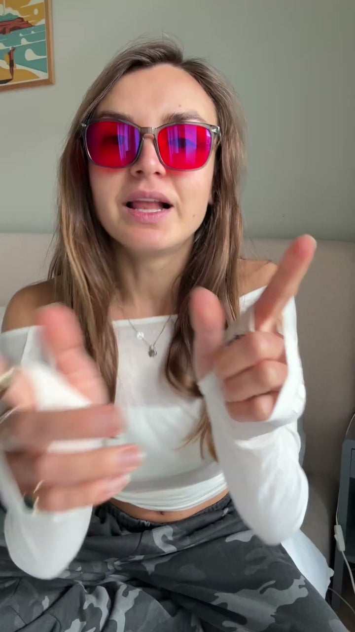 Customer wearing 8Hours blue blocking glasses at home