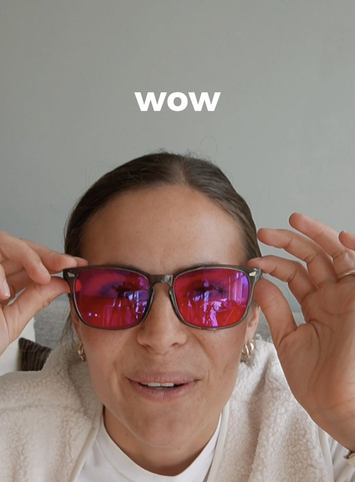 Customer putting on 8Hours blue blocking glasses