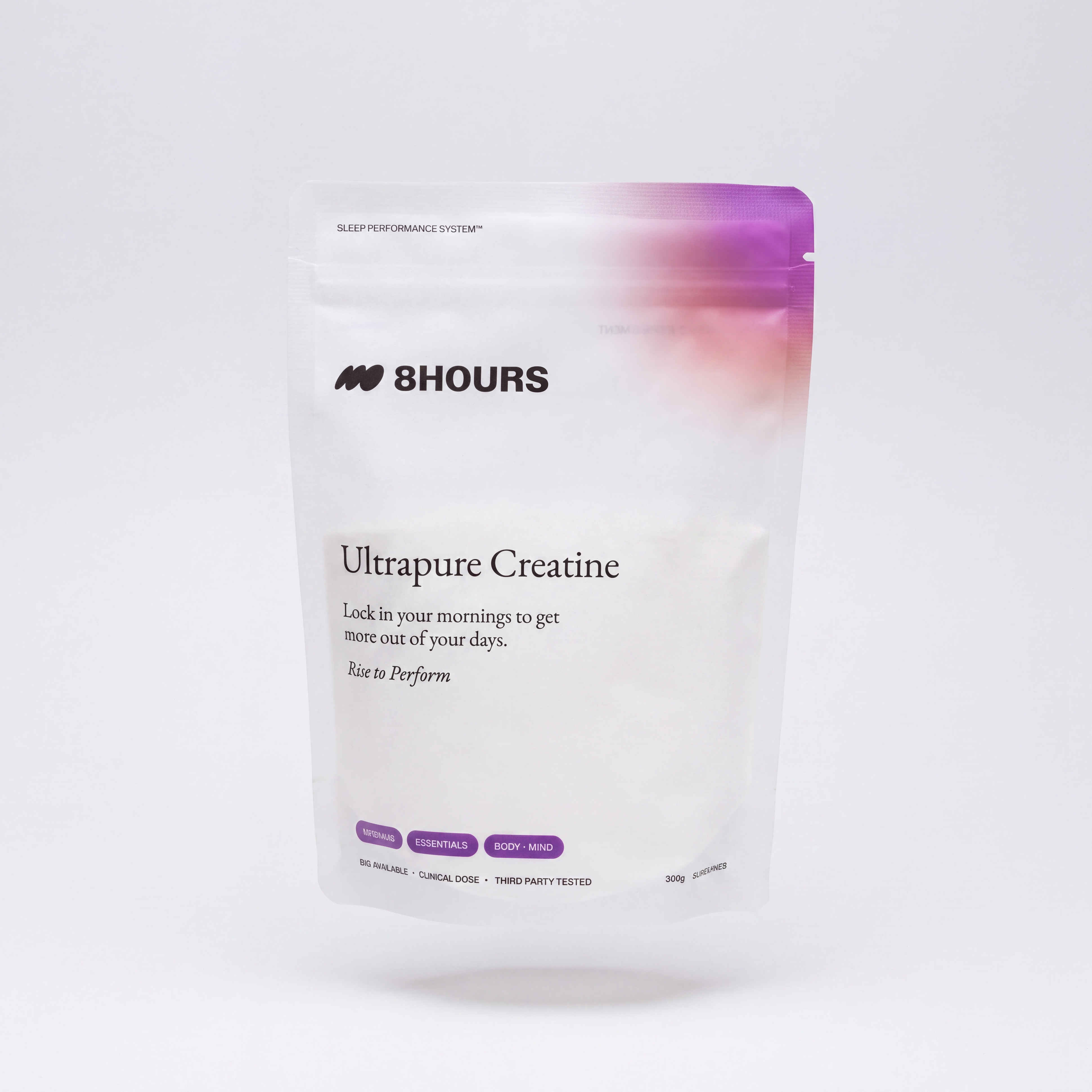An 8Hours brand stand-up pouch of Ultrapure Creatine powder, featuring a white body with a purple gradient fade on the top right, set against a clean white background.