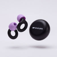 Black and purple wireless earbuds with a matching black charging case on a light gray background. The earbuds feature purple silicone tips and black rings, and the case is printed with '8HOURS' and a small logo.