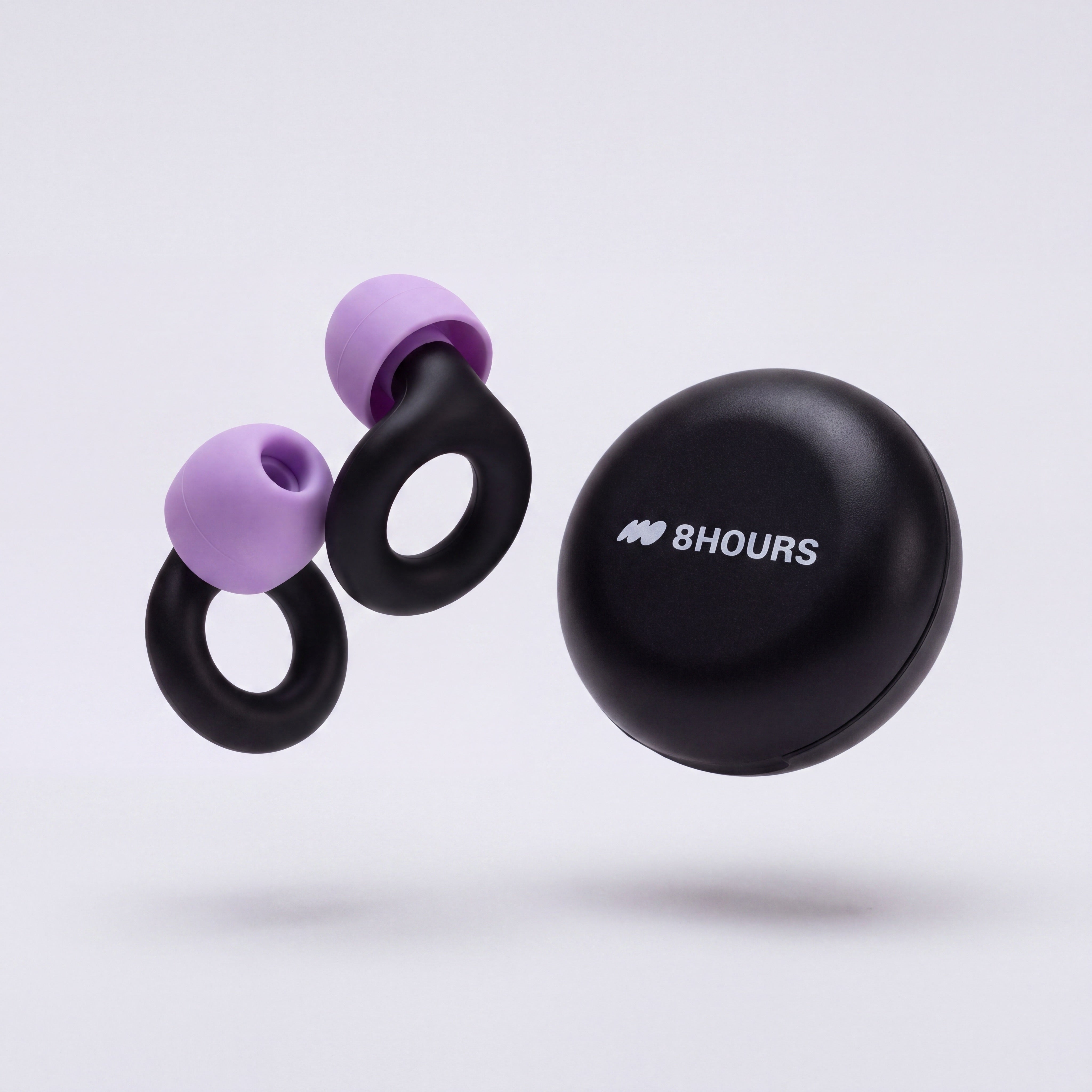 Black and purple wireless earbuds with a matching black charging case on a light gray background. The earbuds feature purple silicone tips and black rings, and the case is printed with '8HOURS' and a small logo.