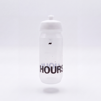A translucent white water bottle with a white screw cap, featuring the word 'HOURS' printed in black near the bottom, set against a seamless light gray studio background.
