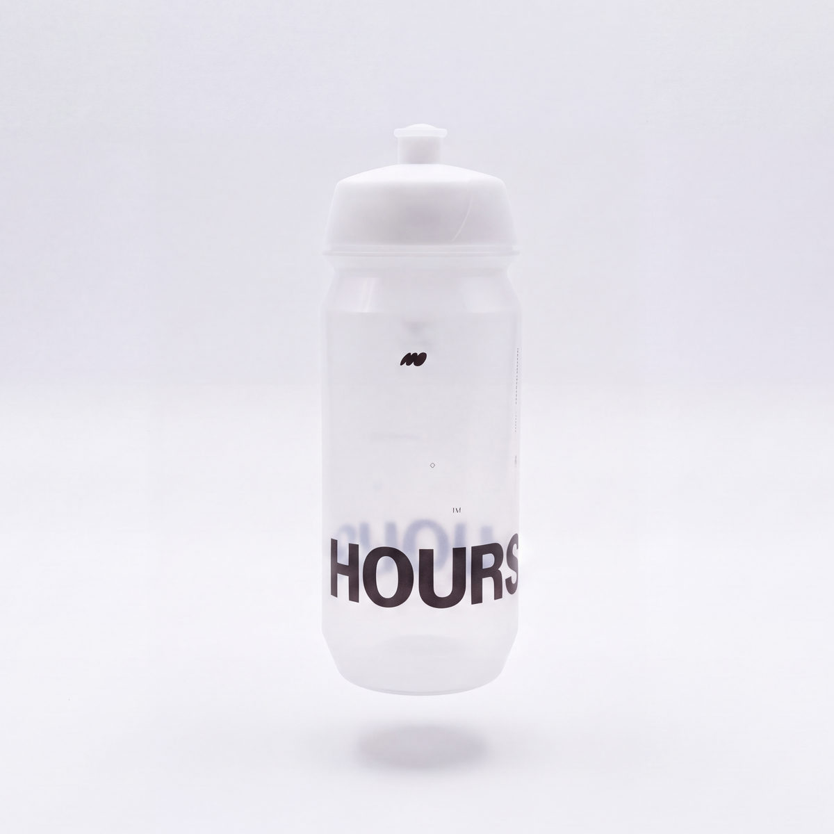 A translucent white water bottle with a white screw cap, featuring the word 'HOURS' printed in black near the bottom, set against a seamless light gray studio background.