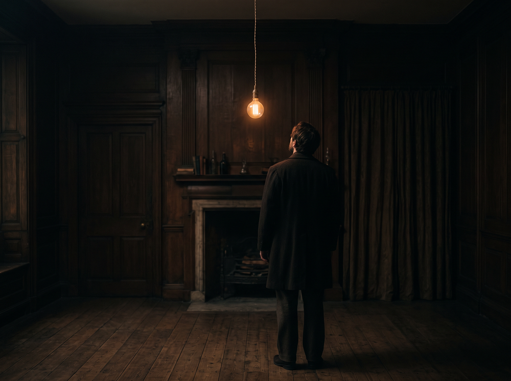 A man looking up at an early light bulb in a dark room