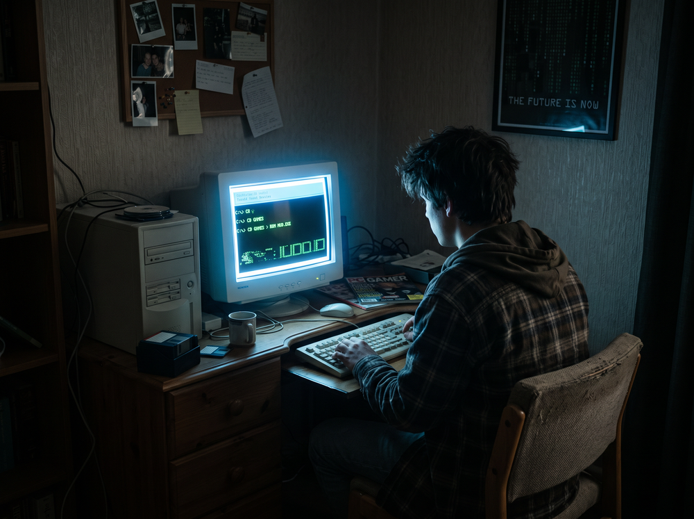 A 1990s computer screen glowing in a dark room