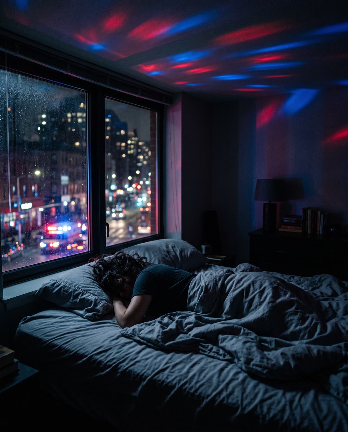 Someone asleep in a city bedroom with emergency lights on the ceiling