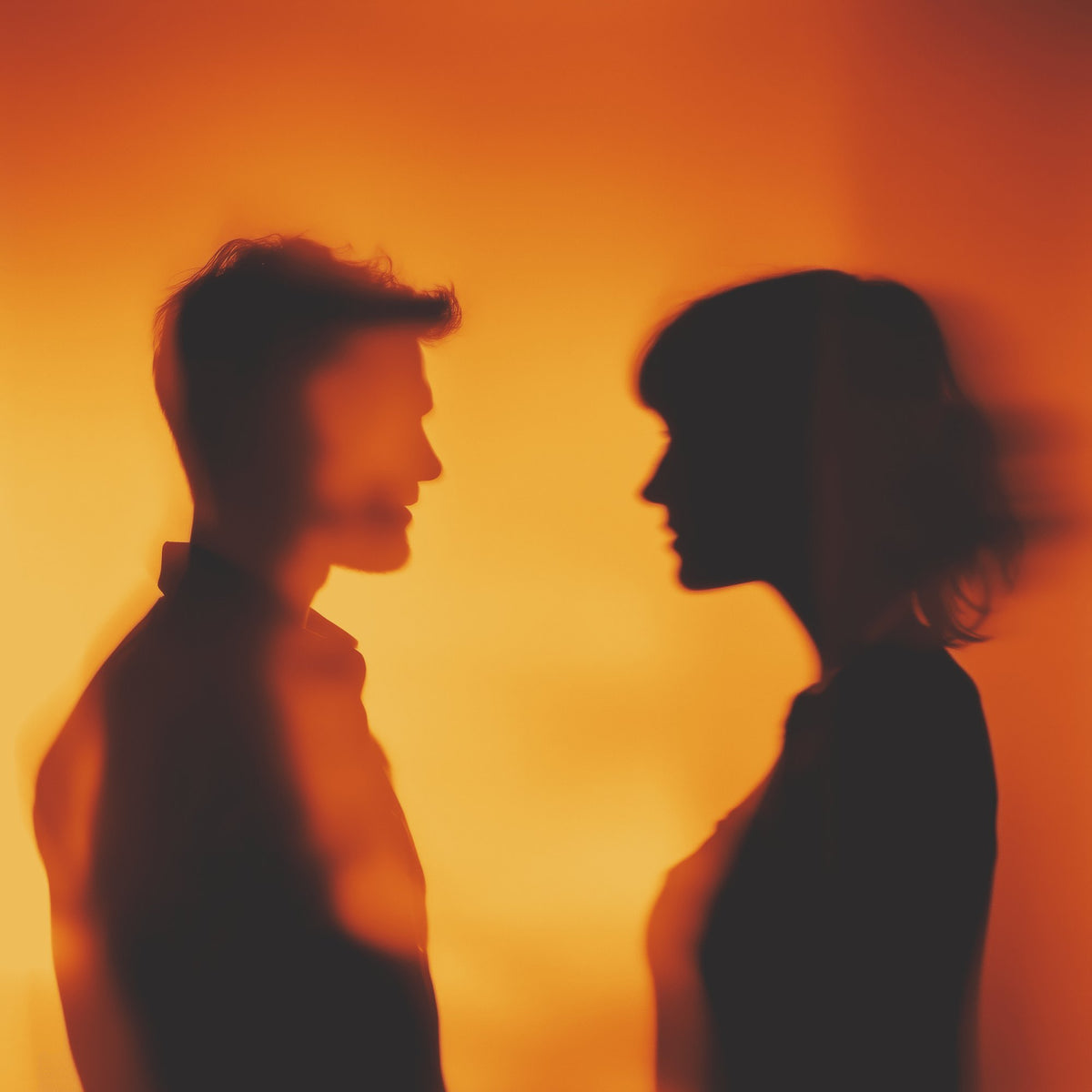 Two silhouettes facing each other in orange light